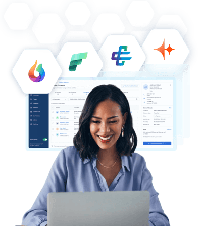 Professional working on a laptop with Dragon Copilot, Microsoft Fabric, CAIA Connect, and HubSpot Breeze logos above the screen