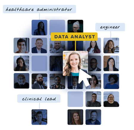 An arrow selecting a data analyst among a collage of healthcare administrators, engineers, clinical leads, and other professionals An arrow selecting a data analyst among a collage of healthcare administrators, engineers, clinical leads, and other professionals