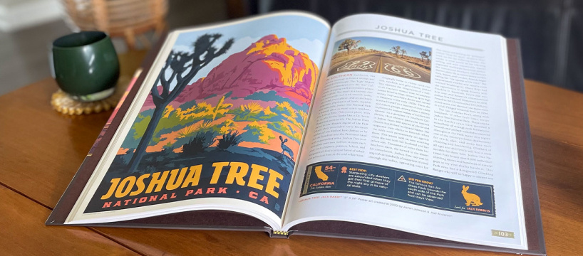 A coffee table book of 63 national parks opened to show an illustration of Joshua Tree National Park