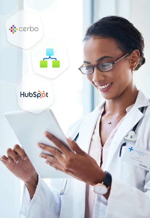 Medical professional reviewing patient data on tablet. Logos included in photo: Cerbo, Azure Apps, HubSpot
