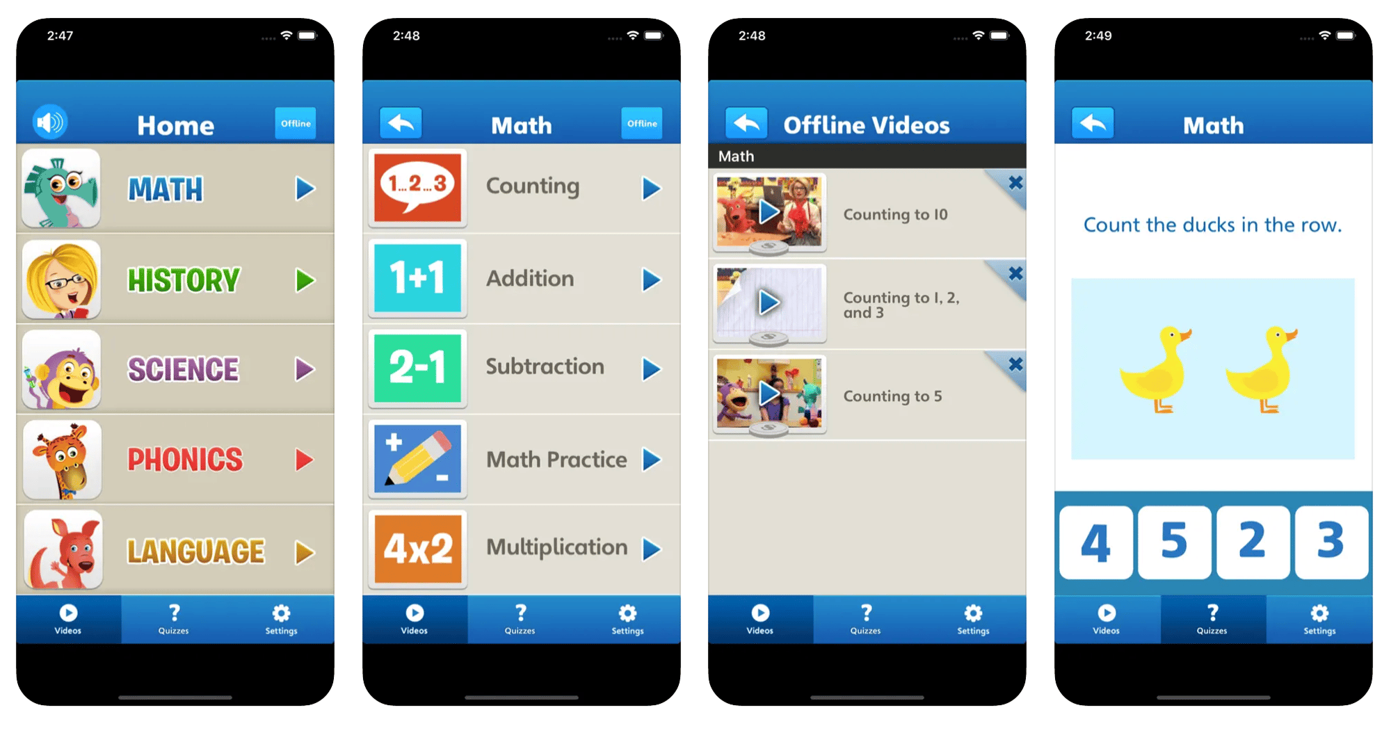 Mobile screenshots of the Skwids app show menus and educational subjects such as math, history, science, phonics, language, and more. Mobile screenshots of the Skwids app show menus and educational subjects such as math, history, science, phonics, language, and more.