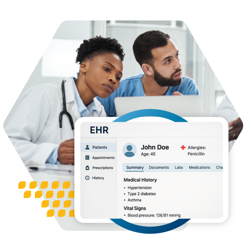 Two healthcare providers reviewing medical history of a patient