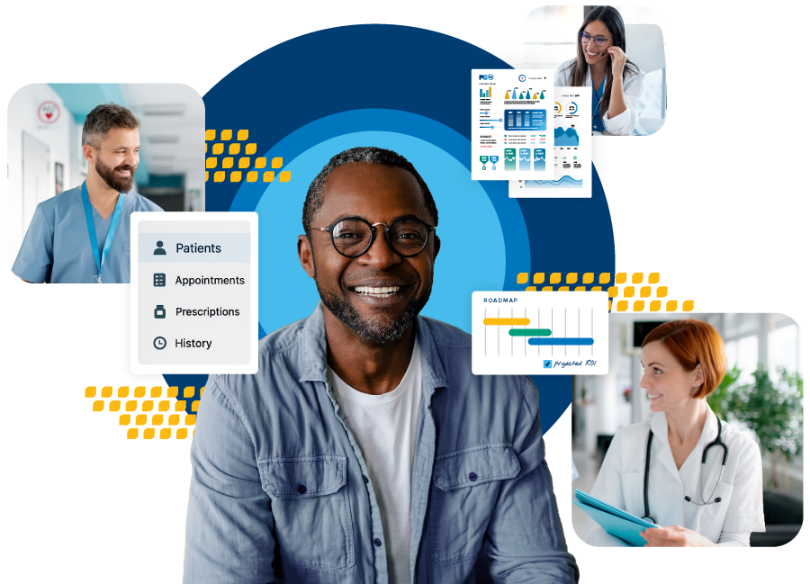 A patient is surrounded by his medical providers and their technology and services.