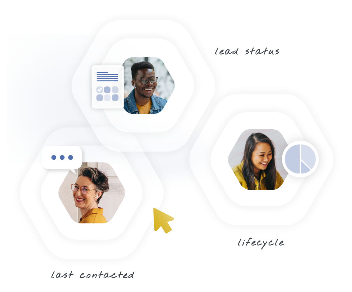 An infographic showing contacts within a CRM and referencing lead status, lifecycle stage, and last contacted data.