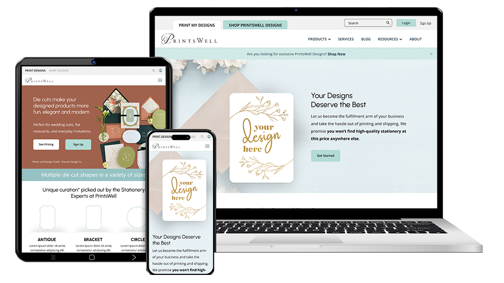 Printswell website in desktop, mobile, and tablet view