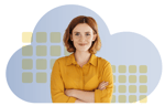 woman smiling in front of cloud icon