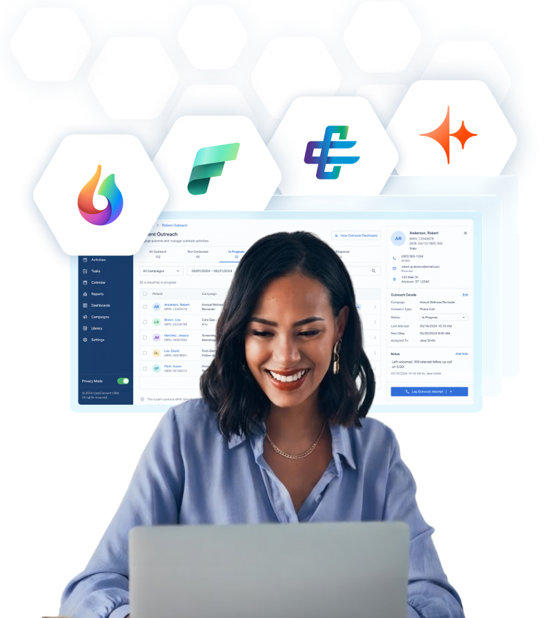 Professional working on a laptop with Dragon Copilot, Microsoft Fabric, CAIA Connect, and HubSpot Breeze logos above the screen