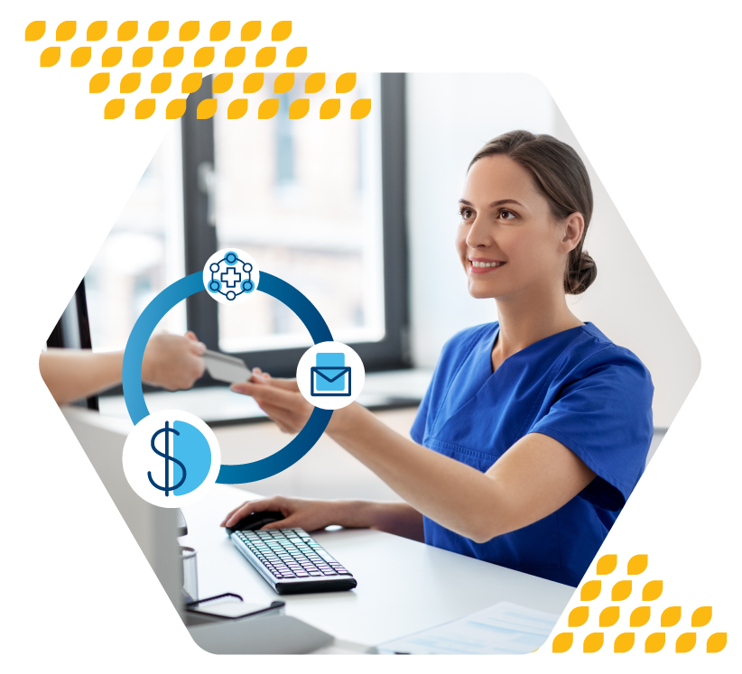 A patient providing payment at a hospital front desk.