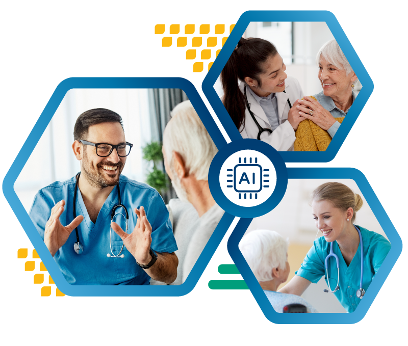 A collage of photos showing patients and providers having genuine conversations without technology hindrance. A collage of photos showing patients and providers having genuine conversations without technology hindrance.