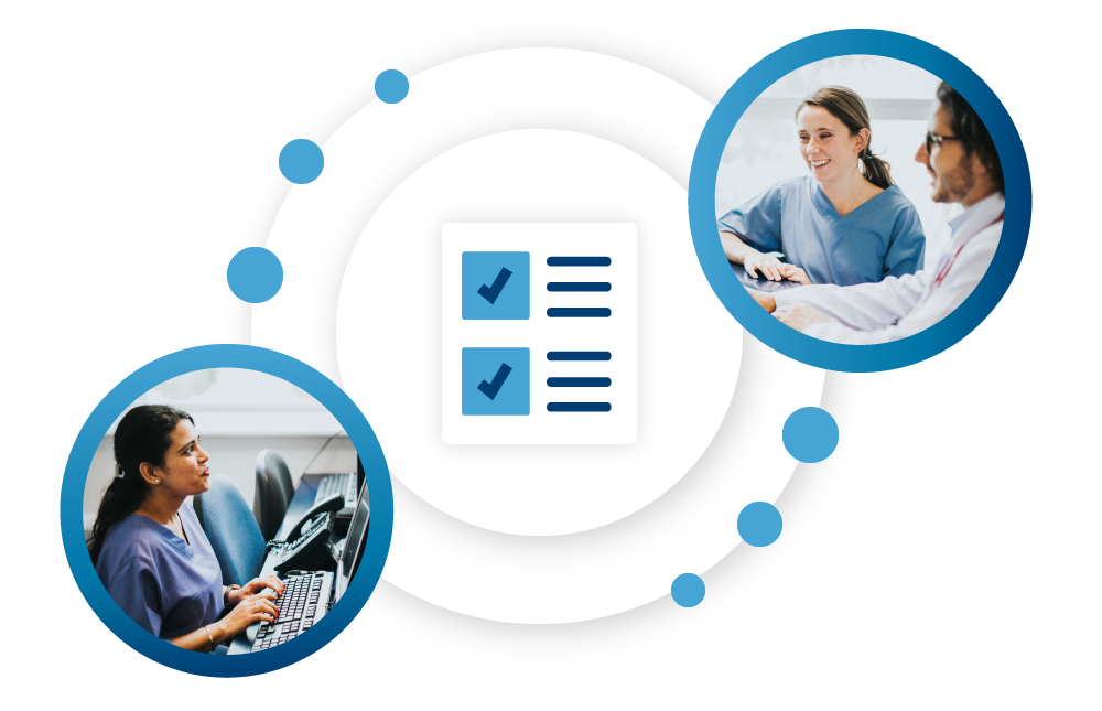 A receptionist and healthcare provider talking at the front desk. A receptionist and healthcare provider talking at the front desk.